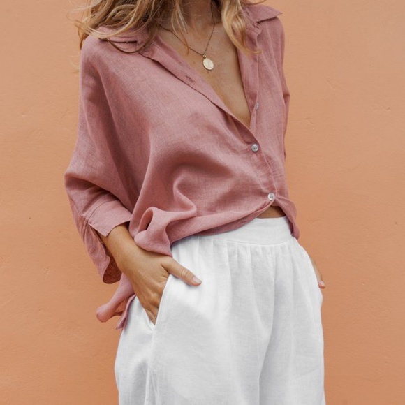 David N Tops - 100% Linen Coral button-up.         2